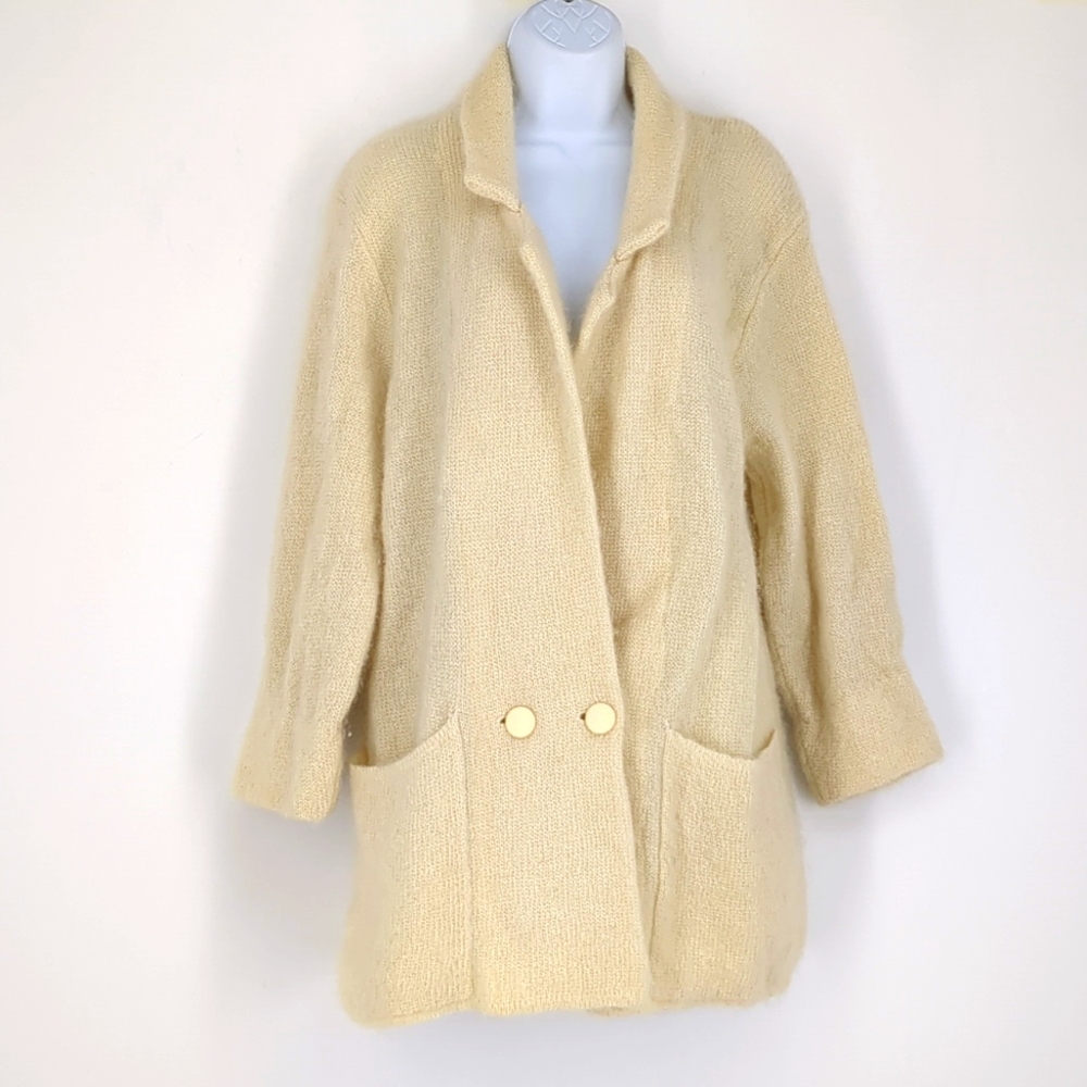 Vintage PGE Mohair Cream Long Cardigan Sweater Pockets Women's Size Medium